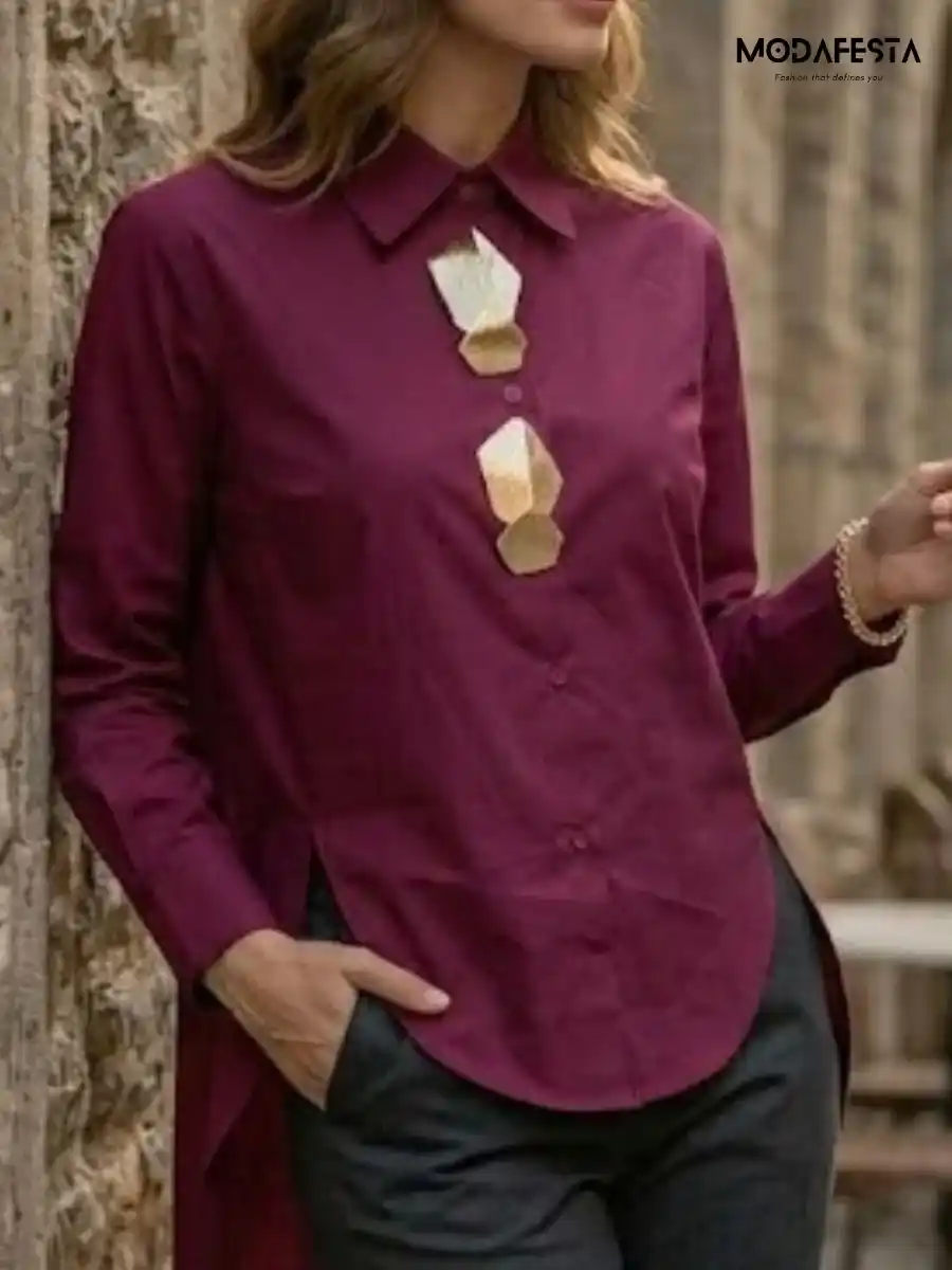 ModaFesta -elegant-high-low-hem-shirt-with-broach-red