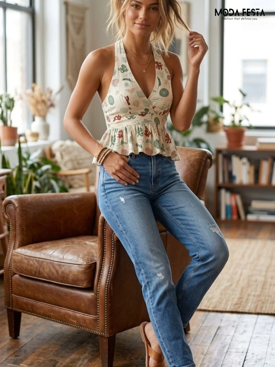 Ocean Breeze Printed Halter Peplum Top