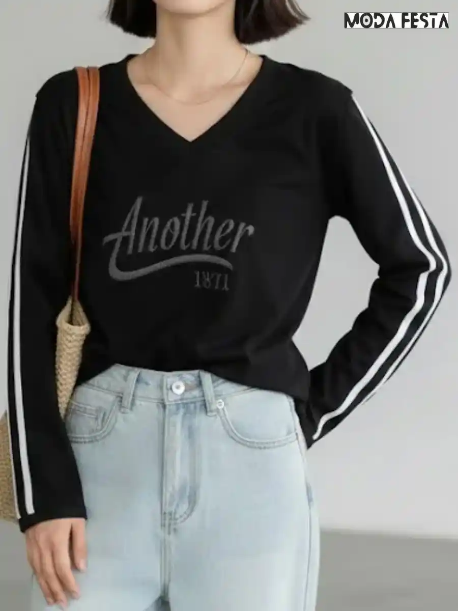 ModaFesta -elegant-v-neck-stripes-top-black