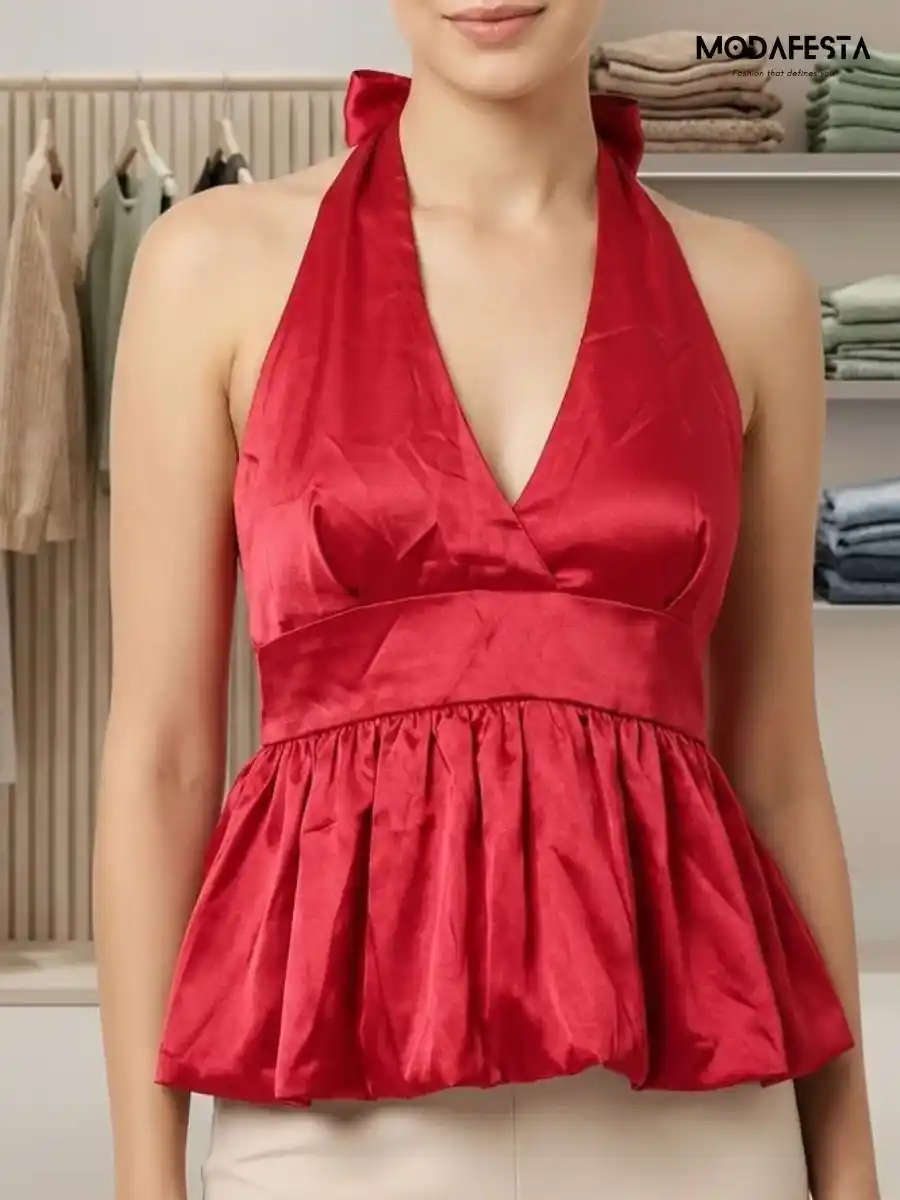 Classy Partywear Halter Neck Top Back Knot Style