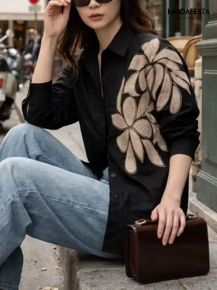 ModaFesta -elegant-floral-print-shirt-work-on-shoulder-black