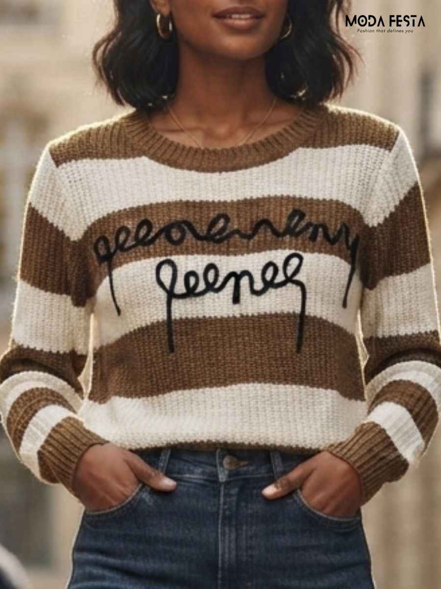 ModaFesta -brown-off-white-striped-embroidered-knit-top