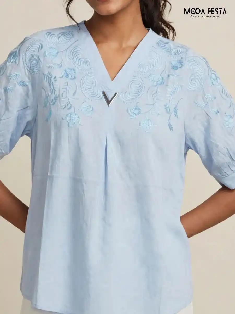 ModaFesta -light-blue-embroidered-v-neck-top