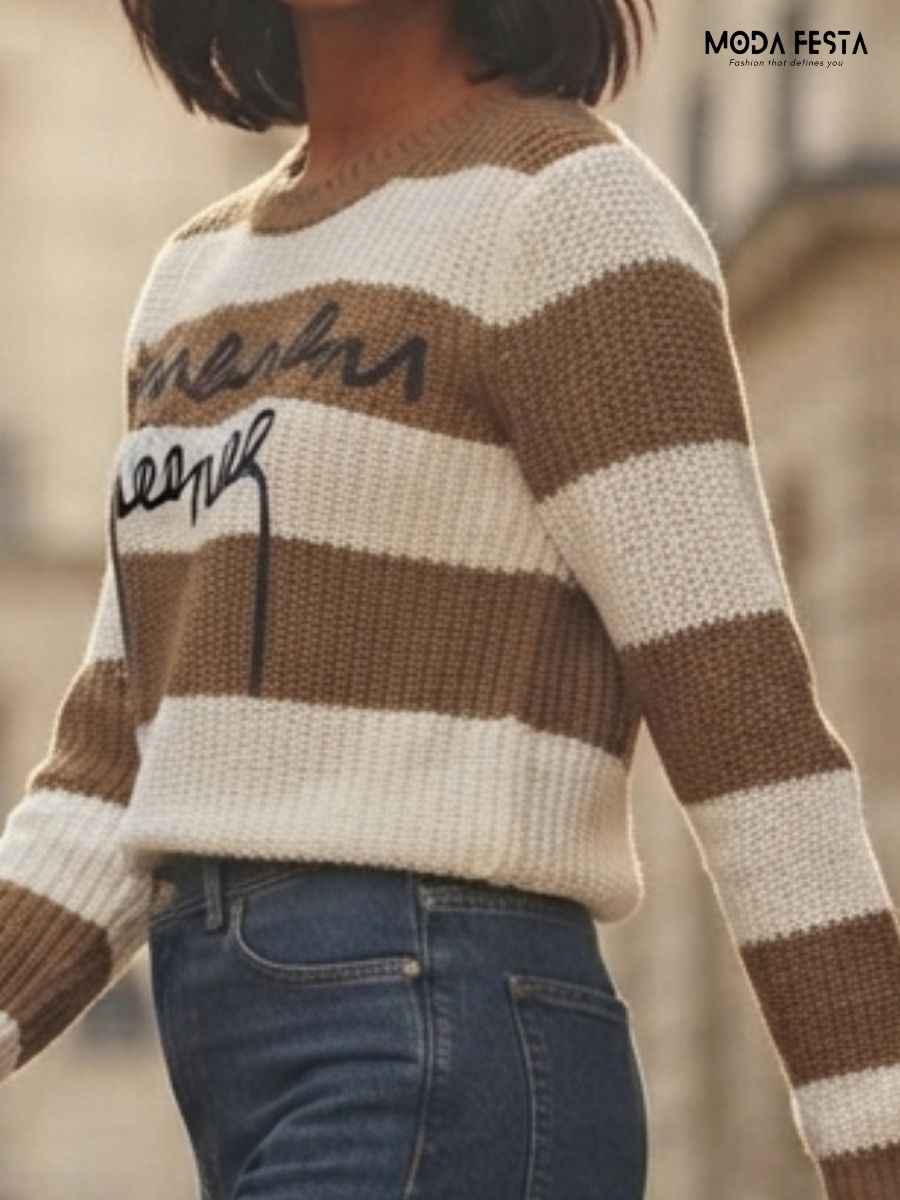 ModaFesta -brown-off-white-striped-embroidered-knit-top