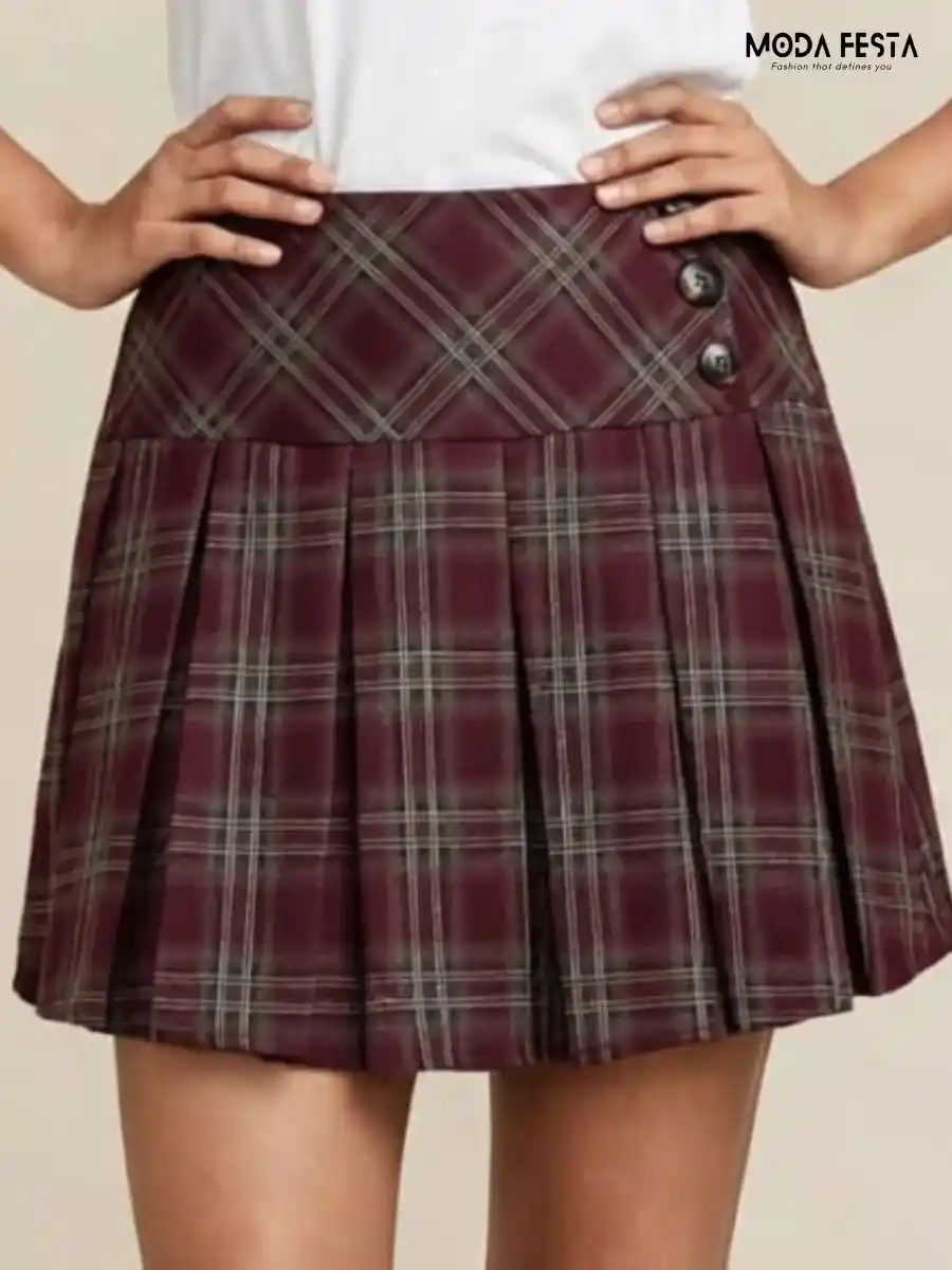 Maroon Plaid Pleated Mini Skirt