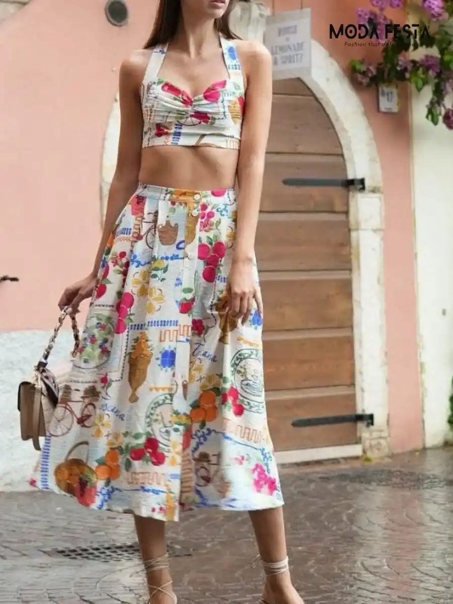 ModaFesta -floral-v-neck-top-with-skirt-coord-set-white