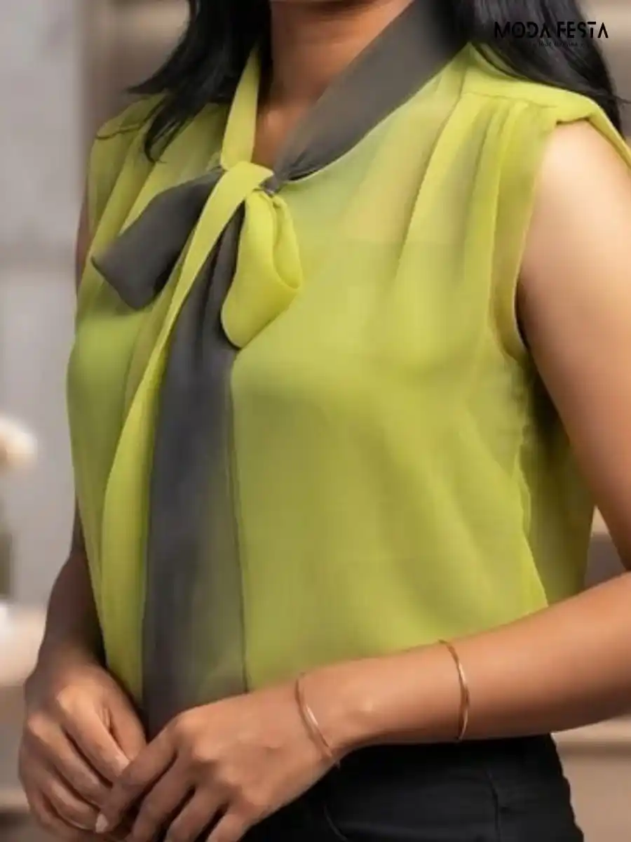 ModaFesta -lime-green-chiffon-bow-neck-sleeveless-top