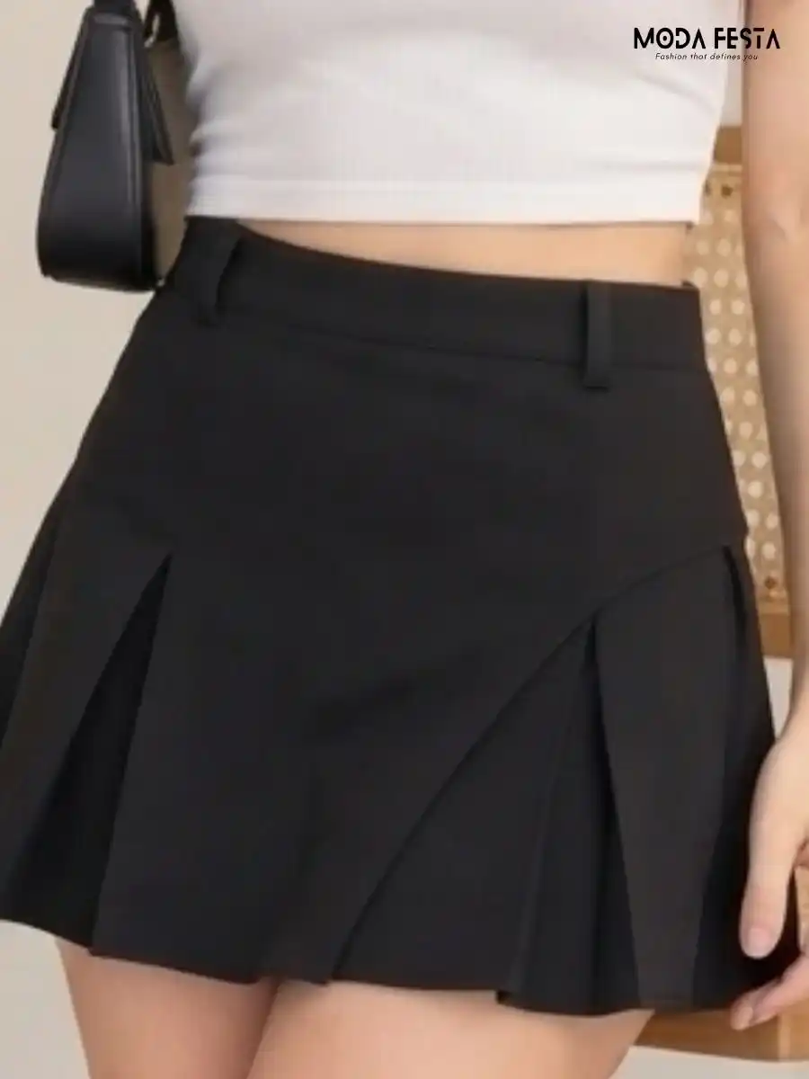 ModaFesta -solid-high-waist-pleated-asymmetrical-skort
