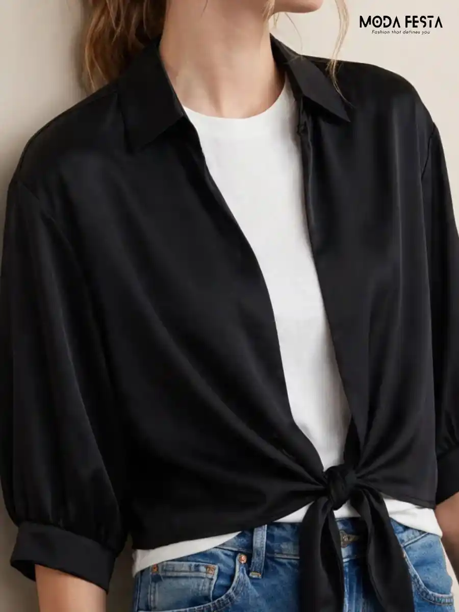 ModaFesta -solid-tie-front-shirt