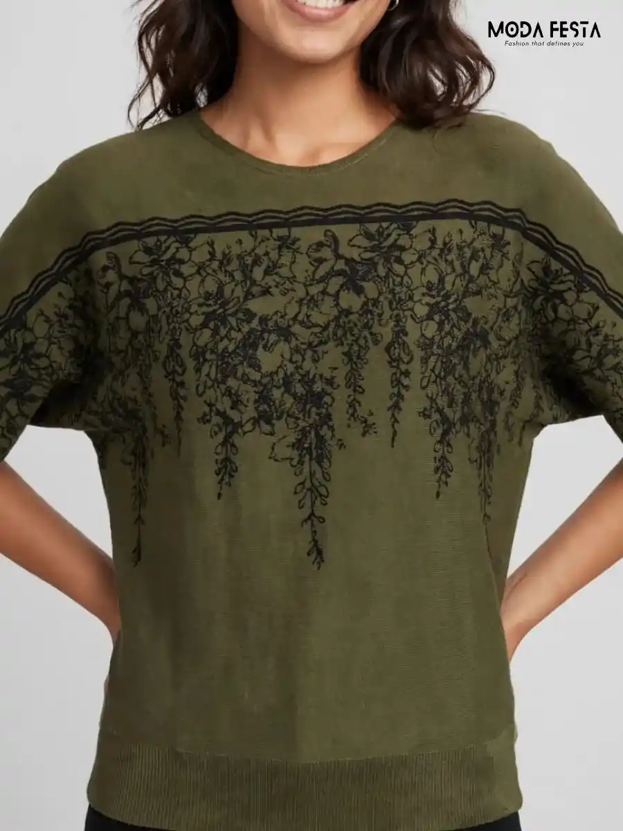 Olive Green Floral Printed Knit Top