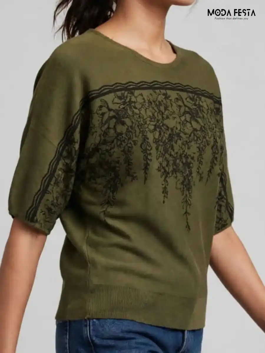 ModaFesta -olive-green-floral-printed-knit-top