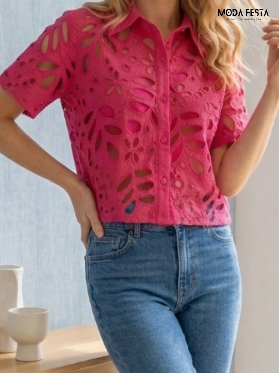 ModaFesta -hot-pink-floral-eyelet-button-down-shirt