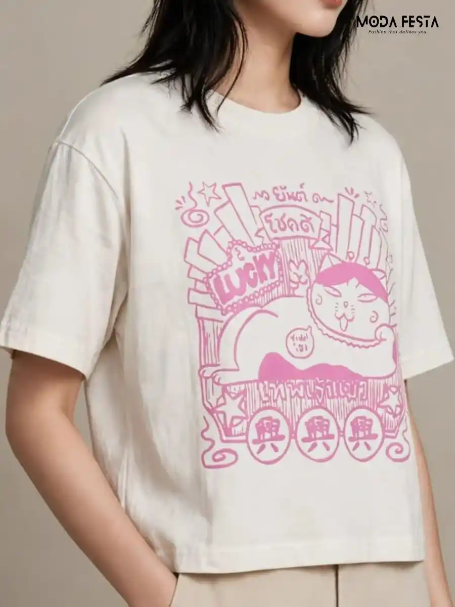 ModaFesta -pink-lucky-cat-graphic-print-crop-t-shirt