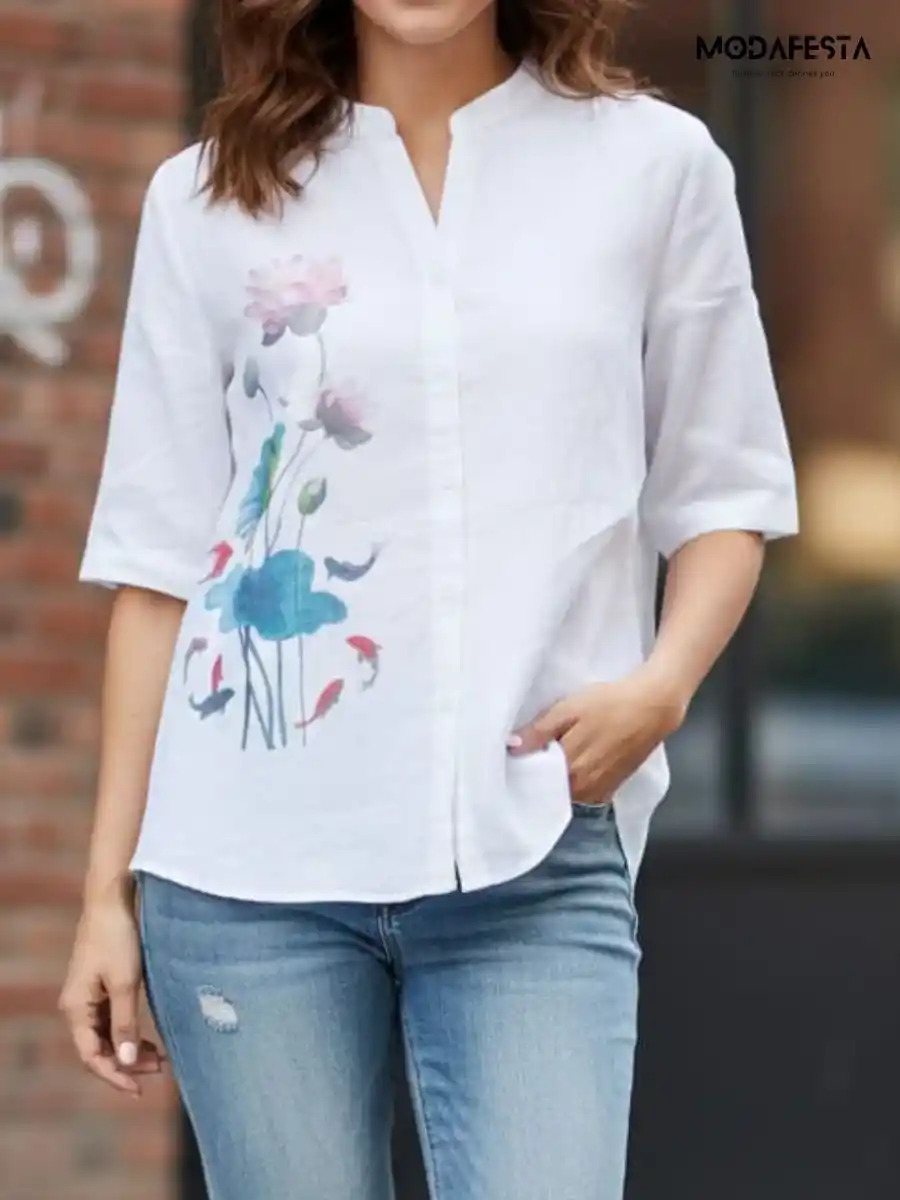 ModaFesta -elegant-floral-graphic-print-v-neck-shirt-2-white