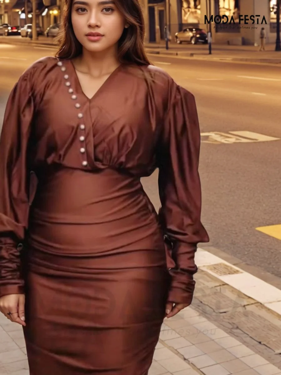 ModaFesta -stylish-v-neck-dress-brown