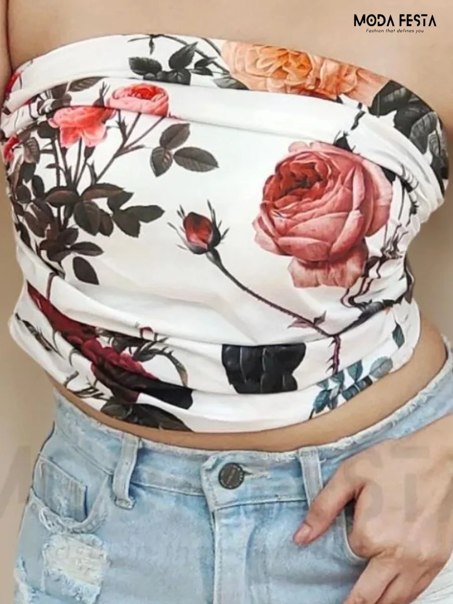 Stylish Flora Print White TubeTop