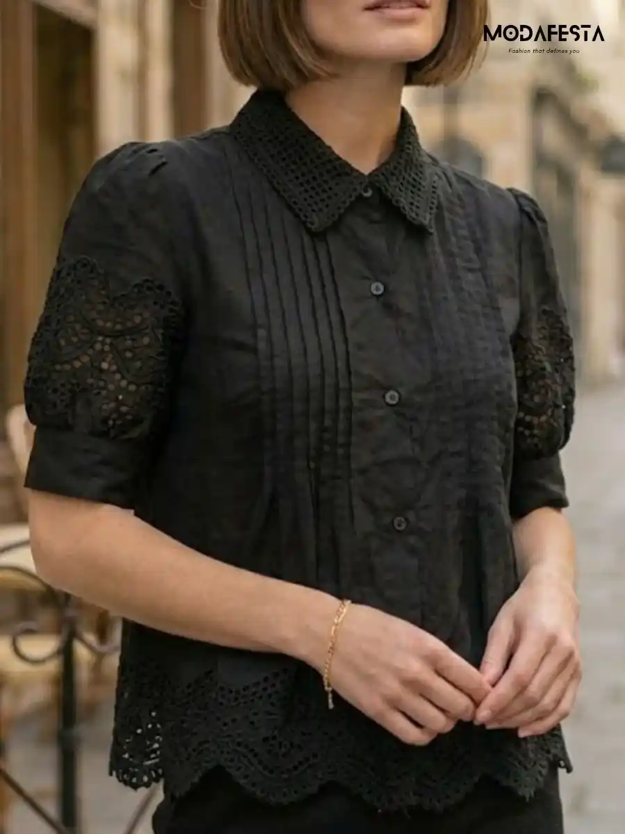 ModaFesta -elegant-puff-sleeve-cut-work-style-black