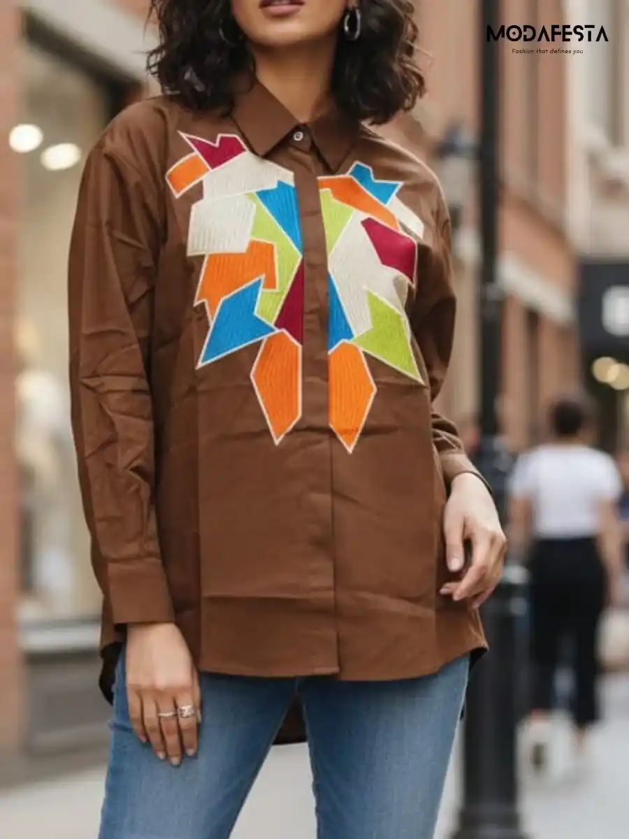 ModaFesta -geometric-handcrafted-cotton-shirt-brown