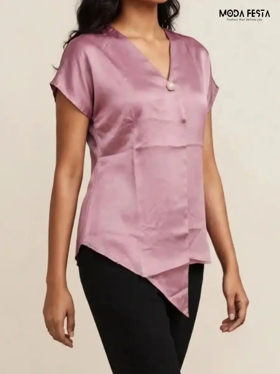 ModaFesta -mauve-satin-v-neck-short-sleeve-asymmetric-top