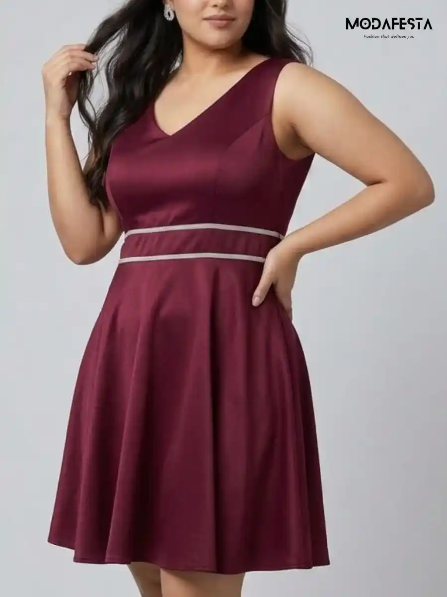 ModaFesta -elegant-embellished-v-neck-fit-and-flair-party-dress-maroon
