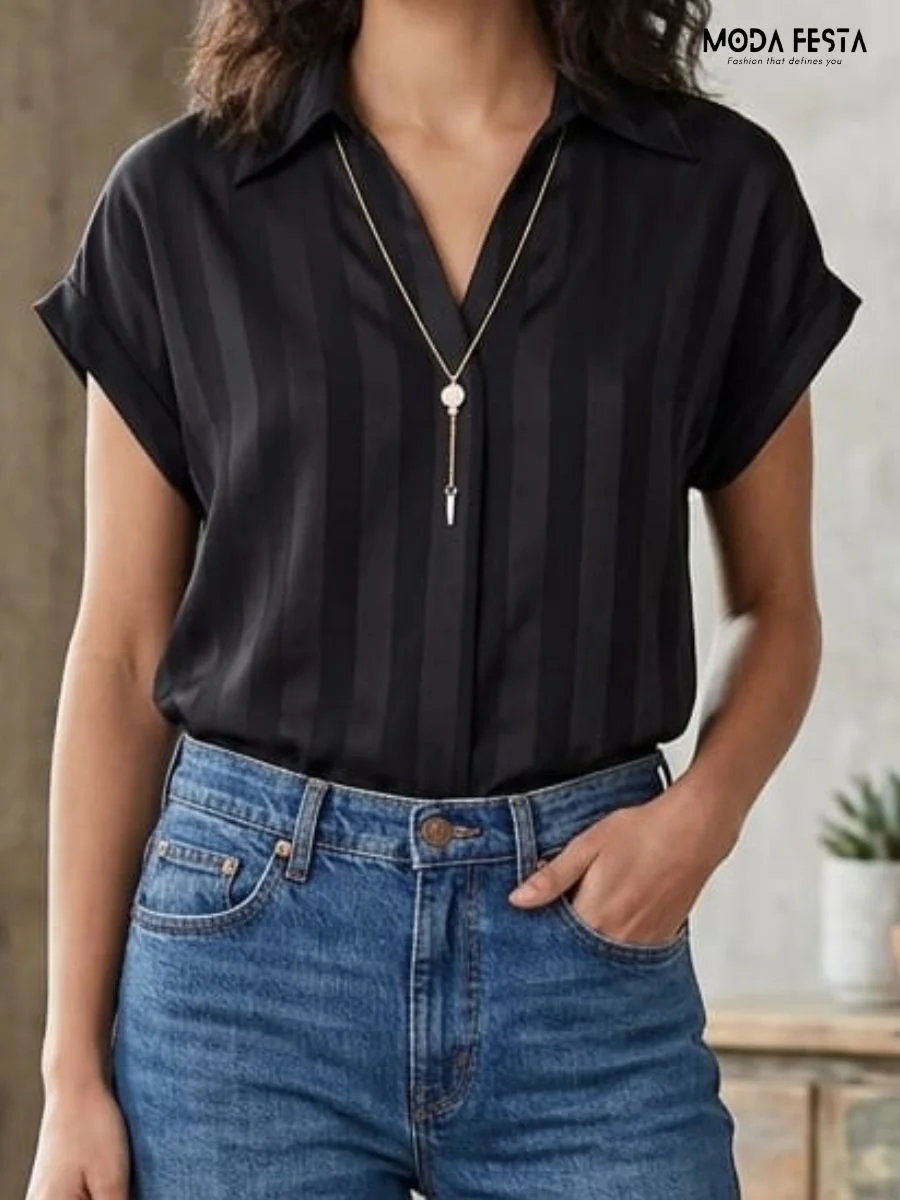 Lilac Vertical Striped V-Neck Collared Top