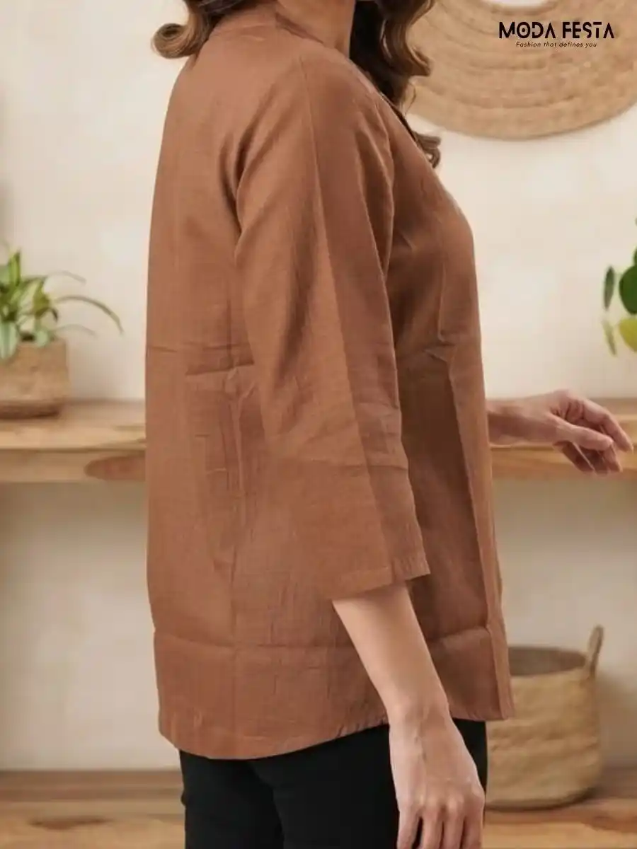 ModaFesta -brown-mandarin-collar-embroidered-button-down-shirt