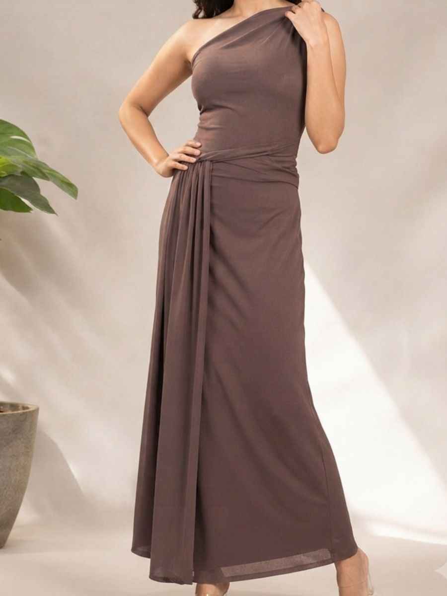 Mocha One-Shoulder Draped Draped-Side Maxi Dress