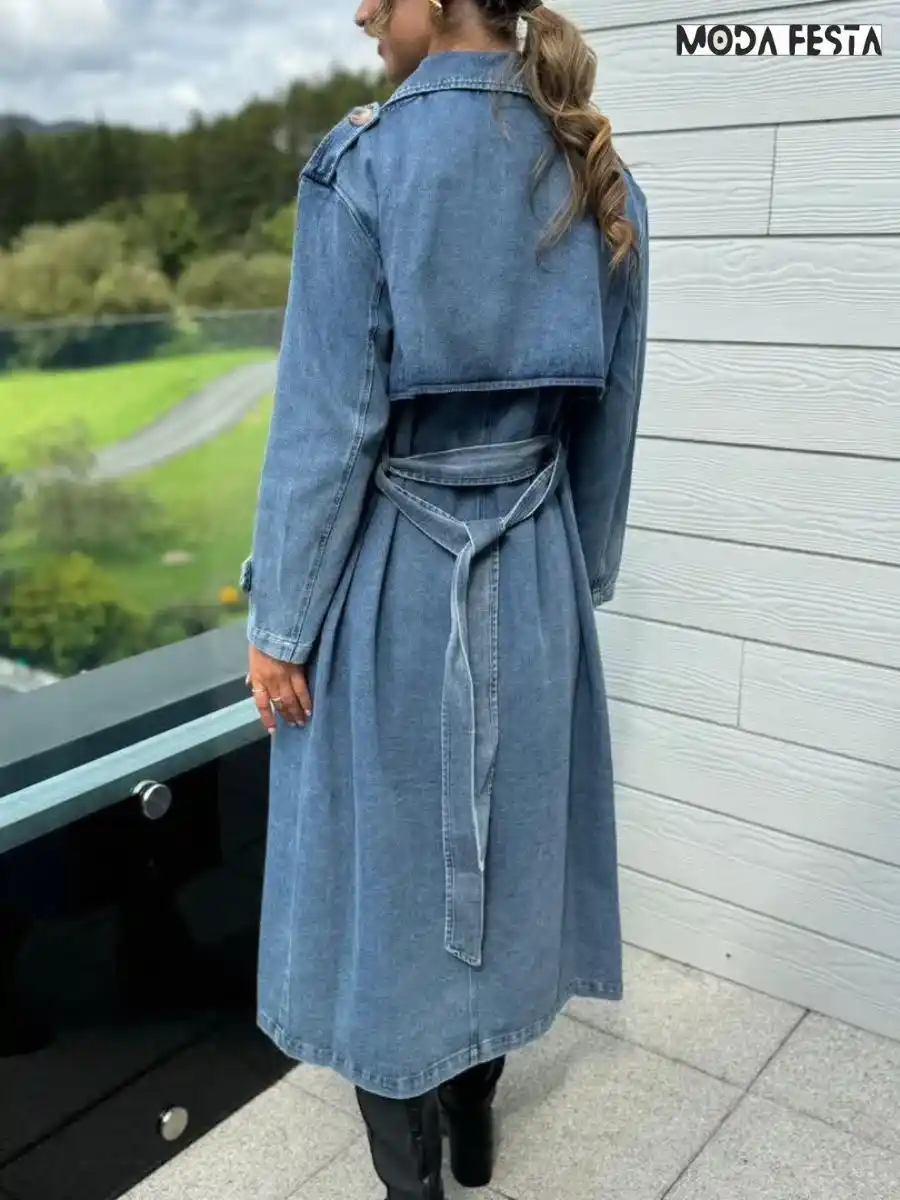 ModaFesta -elegant-denim-trench-coat-dress-blue