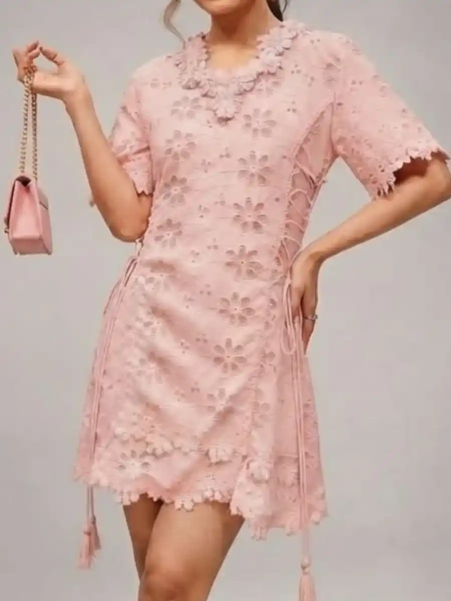 Blush Floral Embroidered Lace Up Mini Dress