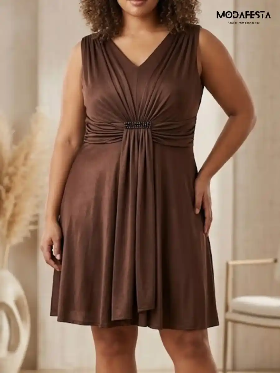 ModaFesta -v-neck-ruched-empire-waist-cocktail-dress-brown
