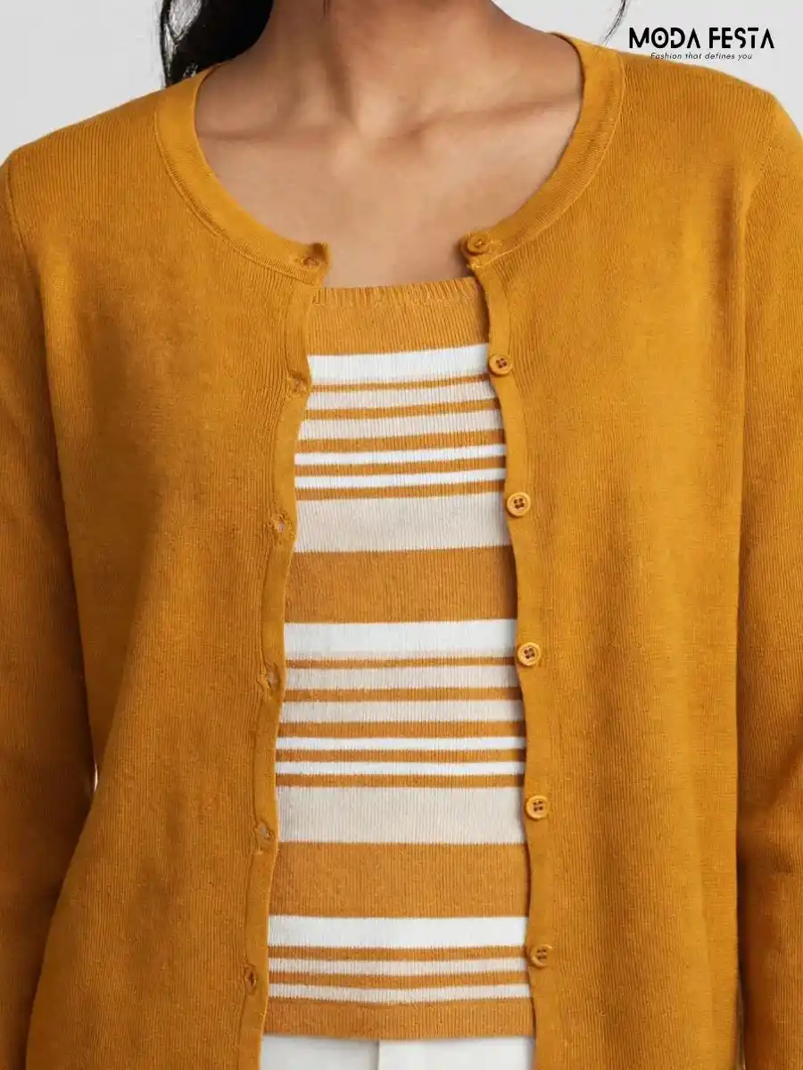 ModaFesta -mustard-yellow-cardigan-striped-inner-top-coord-set