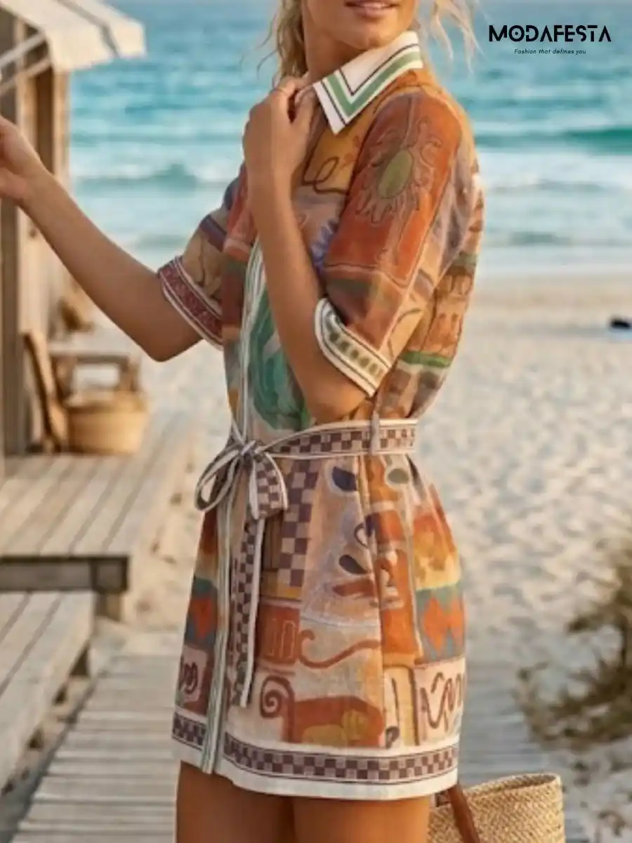 ModaFesta -elegant-abstract-print-mini-shirt-dress-brown
