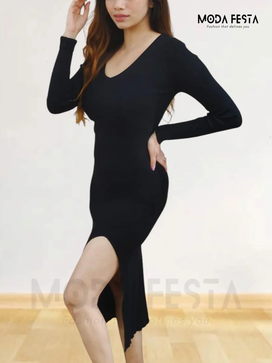 ModaFesta -style-v-neck-bodycon-dress-black