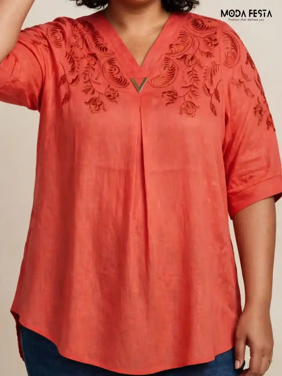 Coral Embroidered V-Neck Top