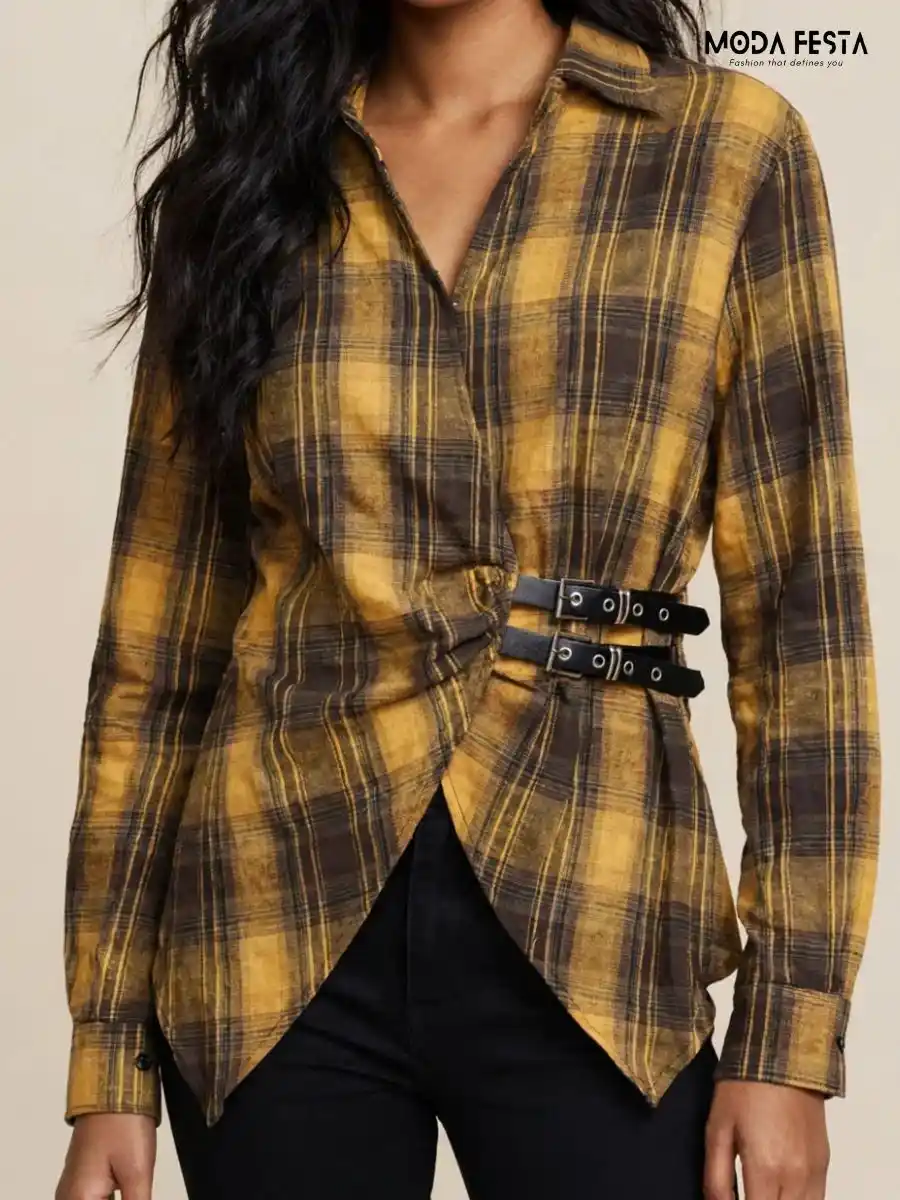 ModaFesta -yellow-and-black-plaid-wrap-style-casual-shirt