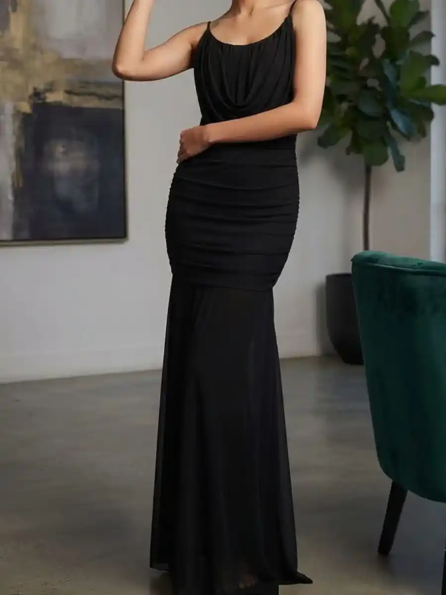 ModaFesta -elegance-black-cowl-neck-ruched-maxi-dress