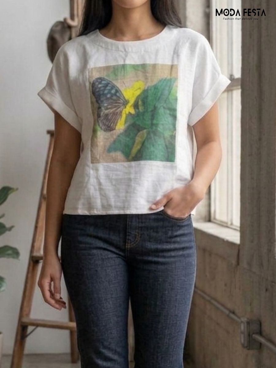 ModaFesta -butterfly-graphic-cotton-linen-t-Shirt