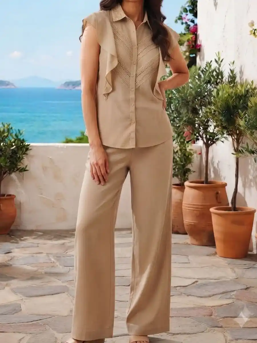 ModaFesta -khaki-ruffled-lace-trimmed-top-wide-leg-coord-set
