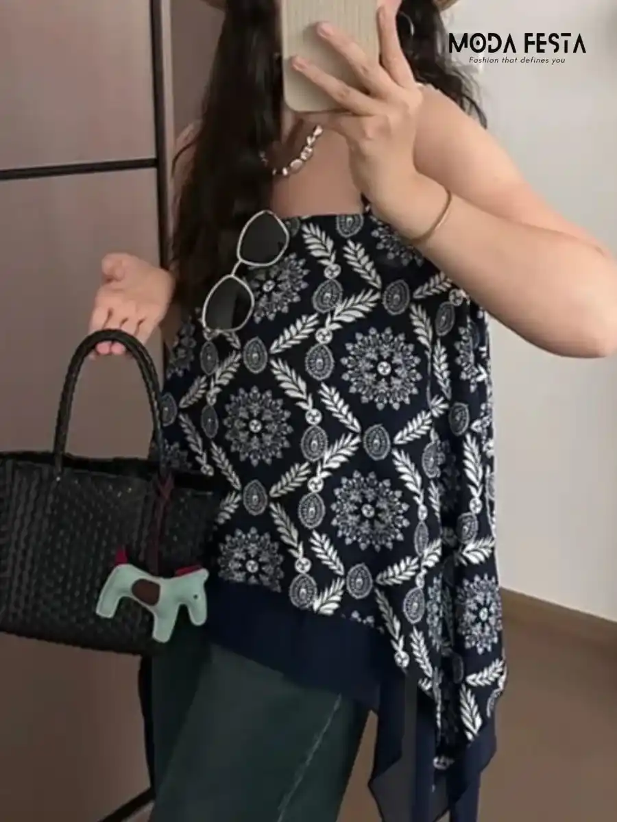 ModaFesta -stylish-floral-print-a-line-top-black