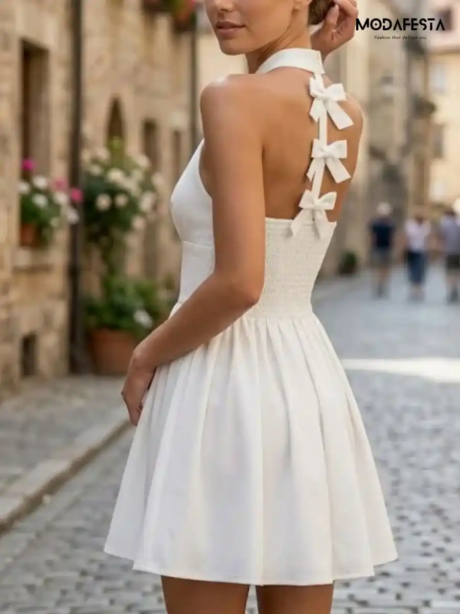 ModaFesta -elegant-halter-neck-flair-dress-with-back-bow-white