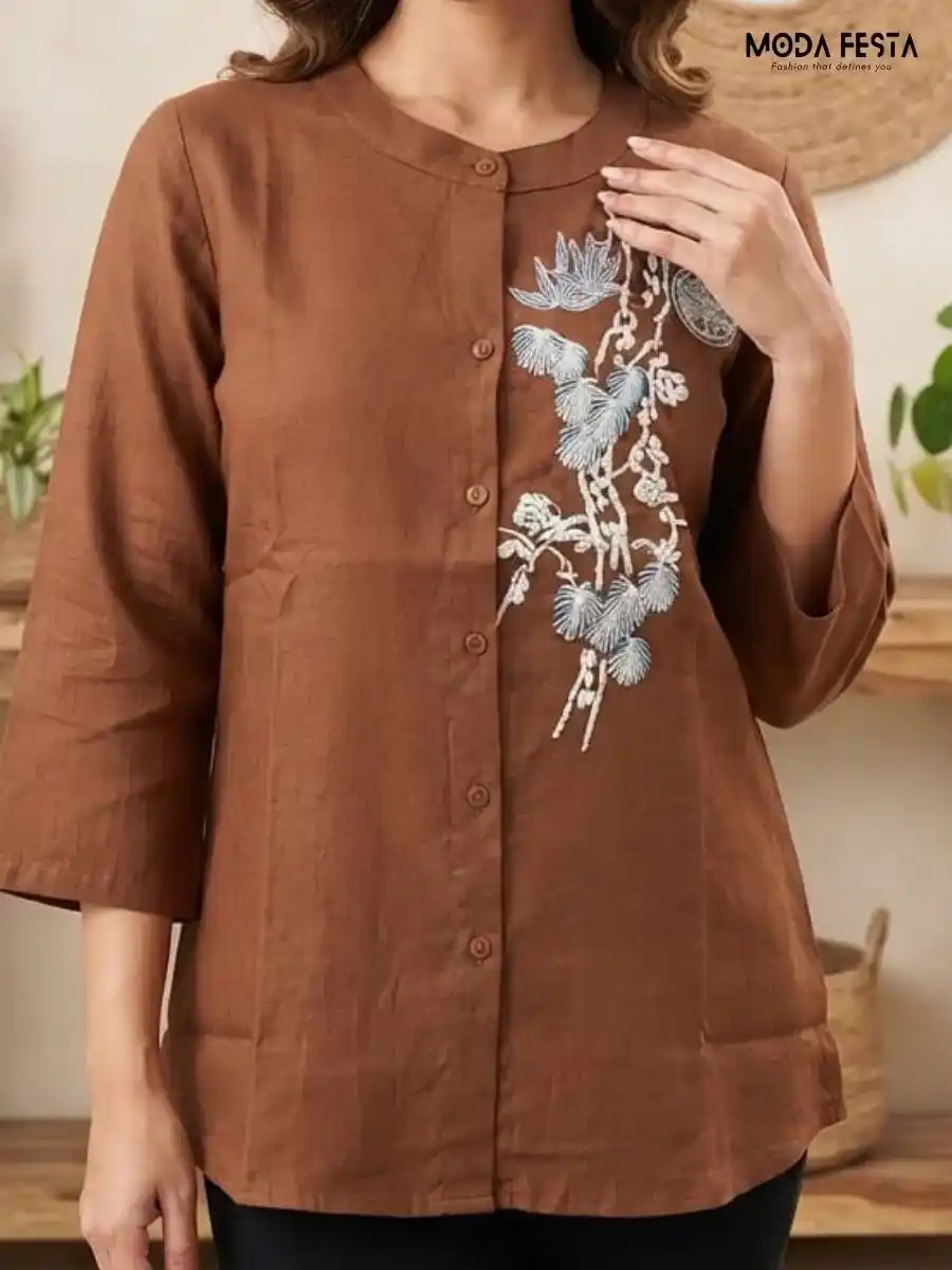 ModaFesta -brown-mandarin-collar-embroidered-button-down-shirt