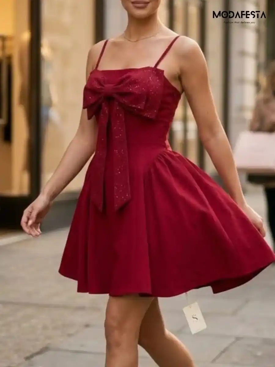 ModaFesta -elegant-flare-mini-dress-with-big-bow-red