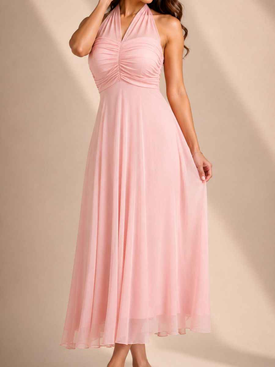 Blush Halter Neck Ruched Chiffon Midi Dress