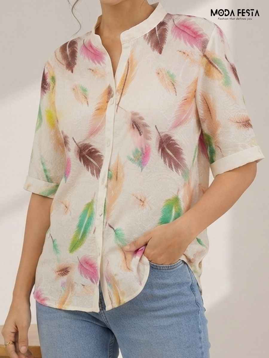 ModaFesta -ivory-multi-feather-print-short-sleeve-top