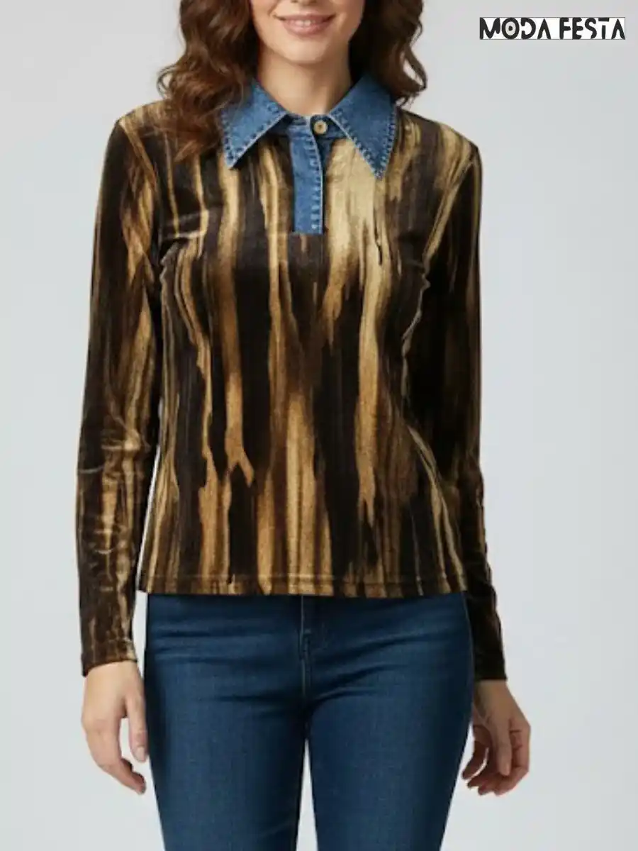 ModaFesta -abstract-print-top-with-denim-collared-brown