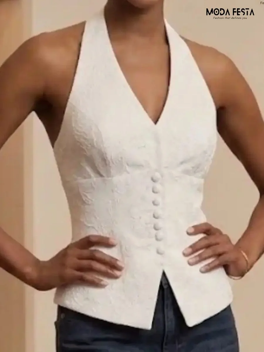 Elegant Self Work Halter Neck Top