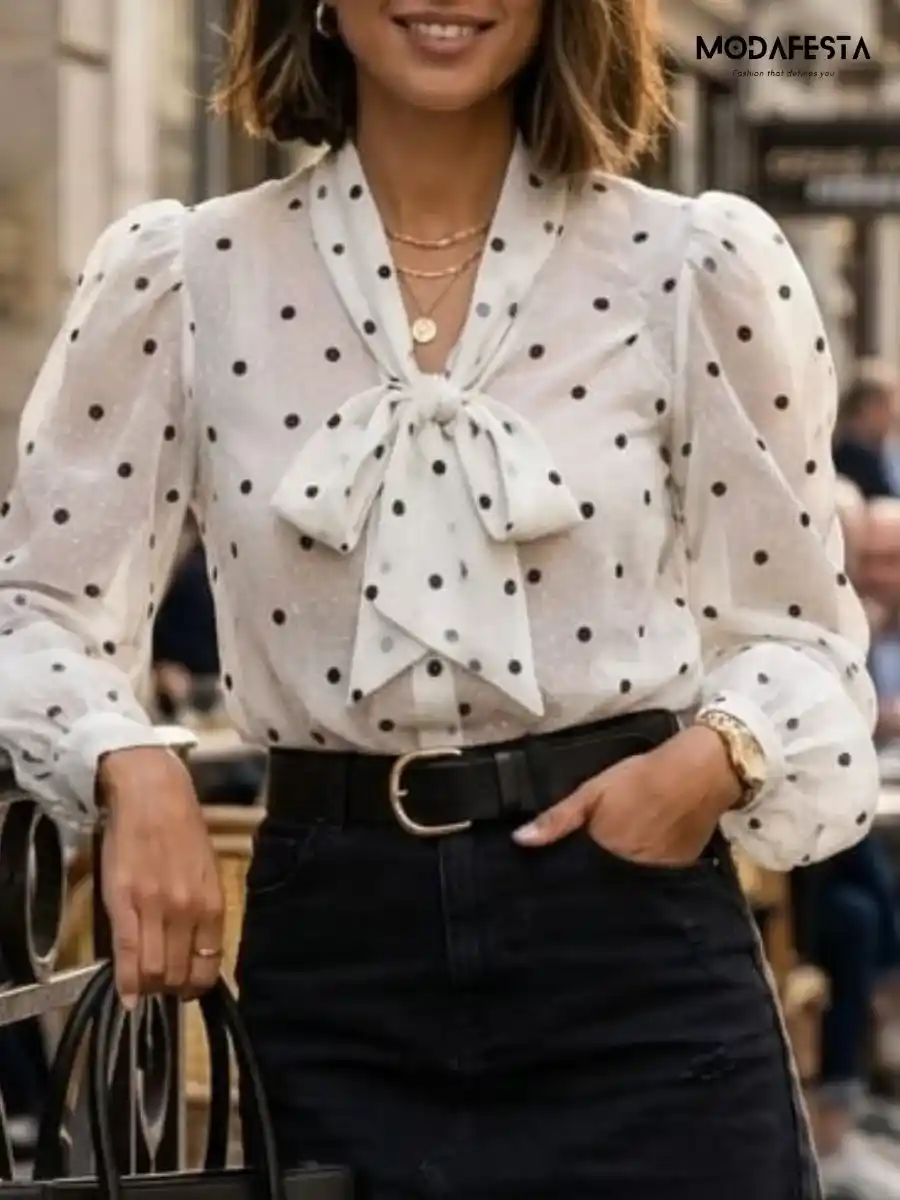 ModaFesta -elegant-chiffon-polka-dot-shirt-tie-up-neck-beige