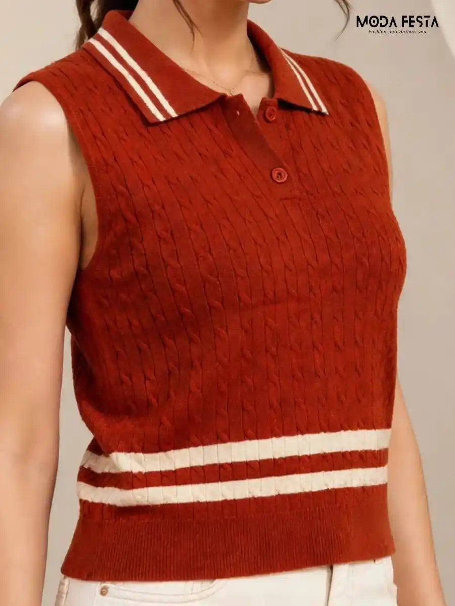 ModaFesta -red-white-striped-cable-knit-sleeveless-polo-top