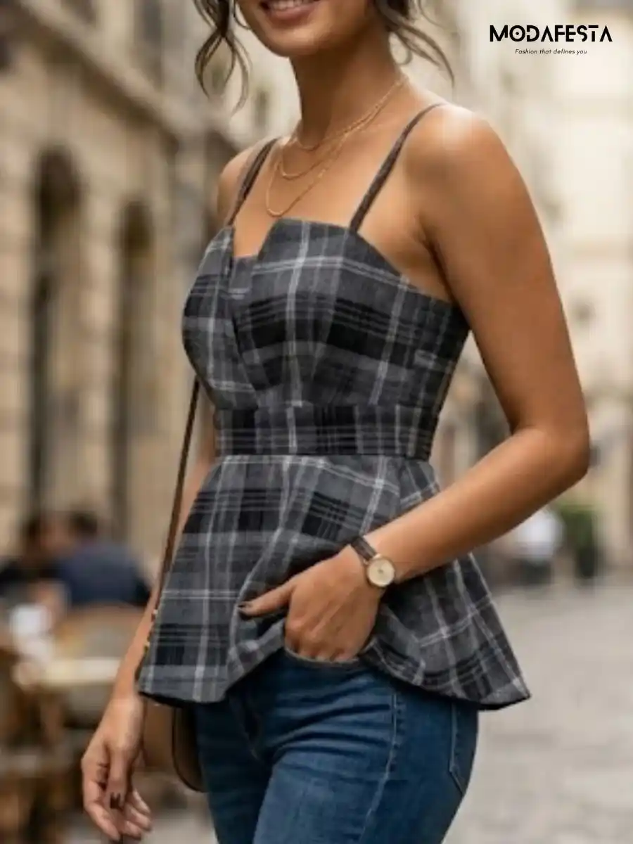 ModaFesta -elegant-chex-v-neck-top-grey