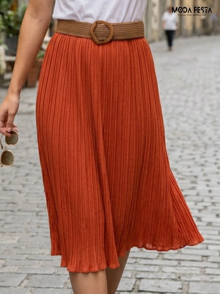Belted Pleated Midi Skirt